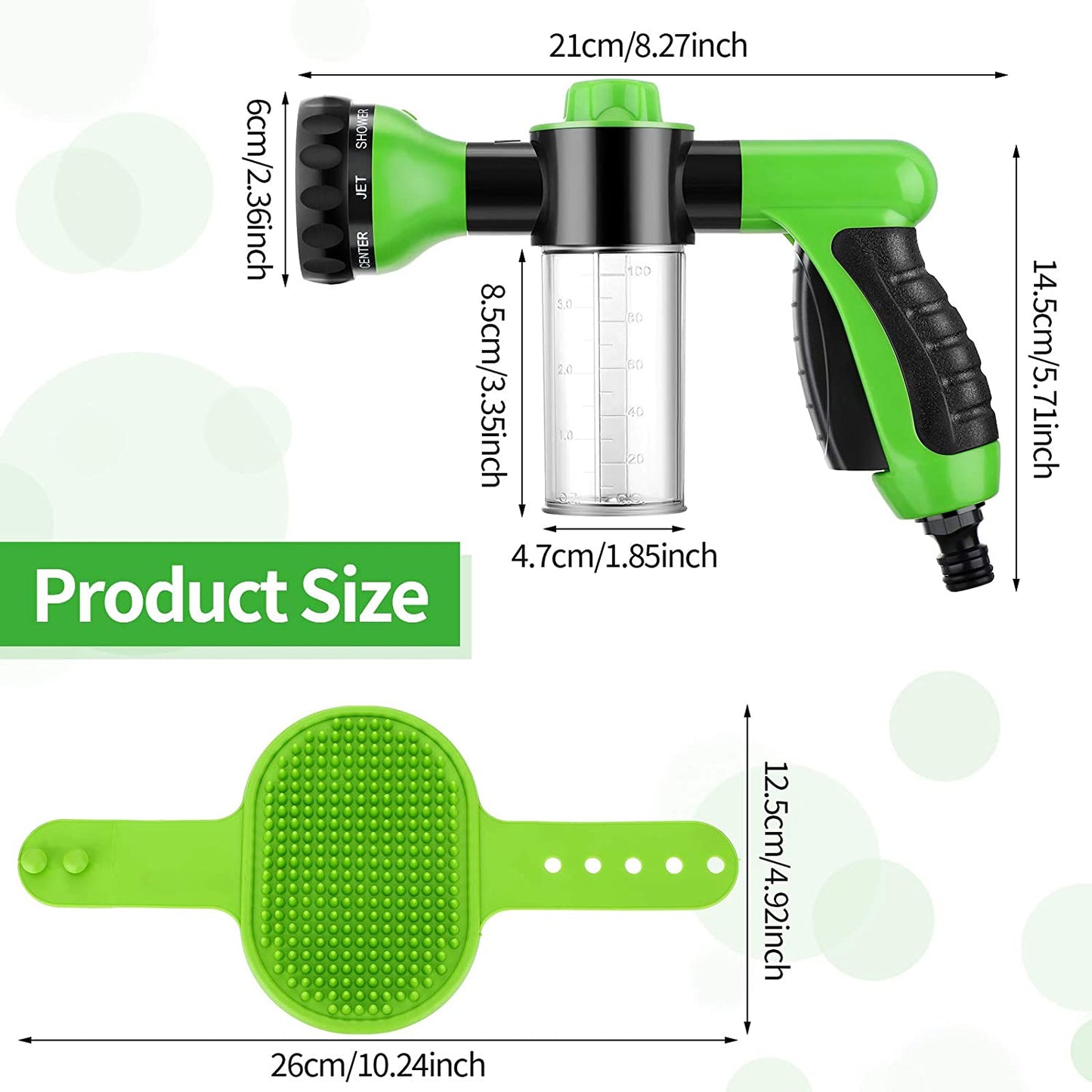 2 Pcs Hose Nozzle with Soap Dispenser, Rubber Comb Brush, and Spray Foamer for Pet Showering - Outdoor Bathing Sprayer Bottle (Green)