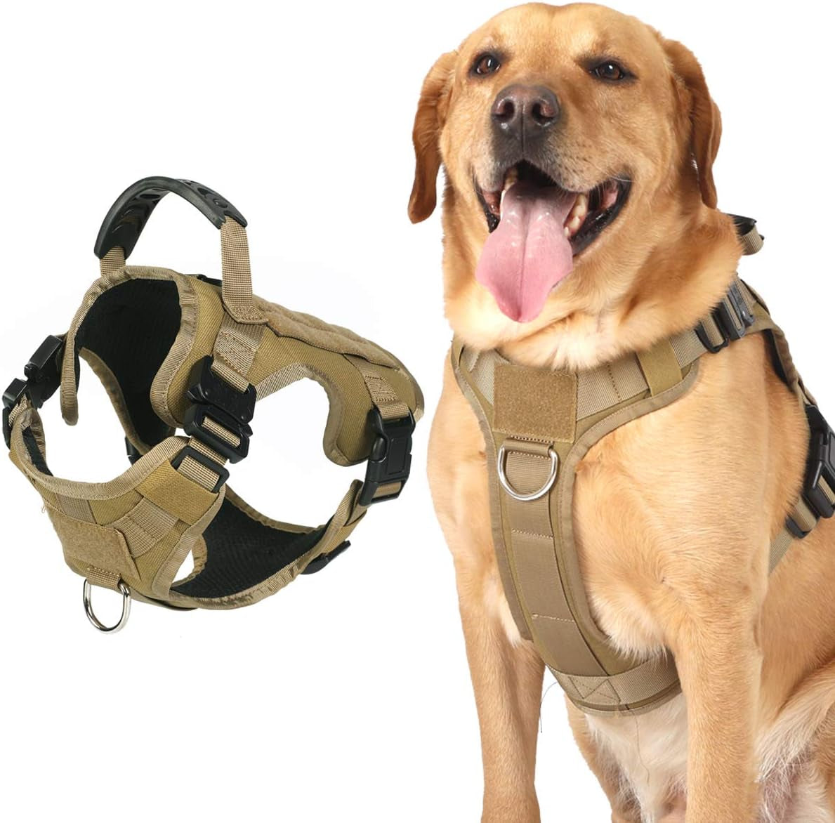 Tactical Dog Harness with Buckle, Dog Walking Training Vest with Handle,No Pulling Front Leash Clip,Hook and Loop Panel for Dog Patch (S , Brown)