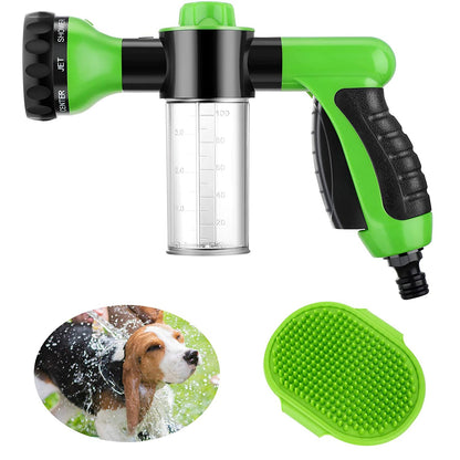 2 Pcs Hose Nozzle with Soap Dispenser, Rubber Comb Brush, and Spray Foamer for Pet Showering - Outdoor Bathing Sprayer Bottle (Green)