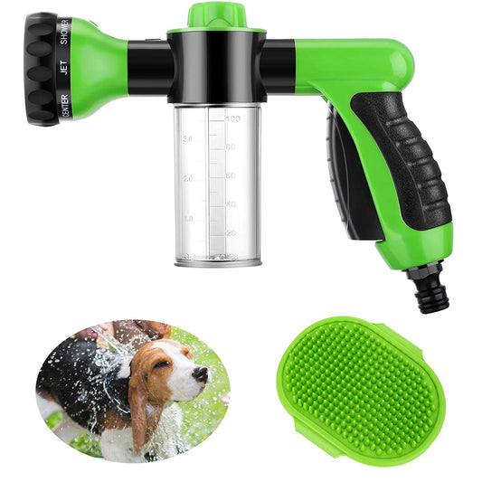 2 Pcs Hose Nozzle with Soap Dispenser, Rubber Comb Brush, and Spray Foamer for Pet Showering - Outdoor Bathing Sprayer Bottle (Green)