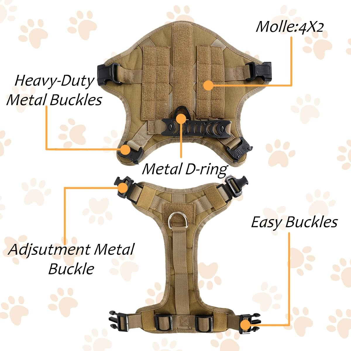 Tactical Dog Harness with Buckle, Dog Walking Training Vest with Handle,No Pulling Front Leash Clip,Hook and Loop Panel for Dog Patch (S , Brown)