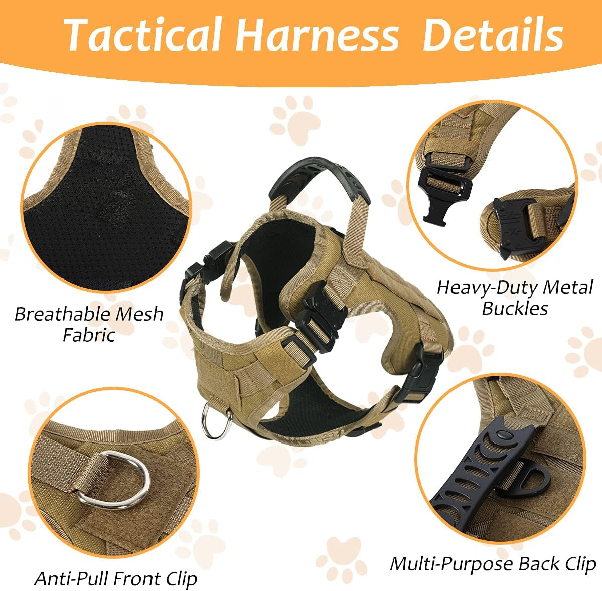 Tactical Dog Harness with Buckle, Dog Walking Training Vest with Handle,No Pulling Front Leash Clip,Hook and Loop Panel for Dog Patch (S , Brown)